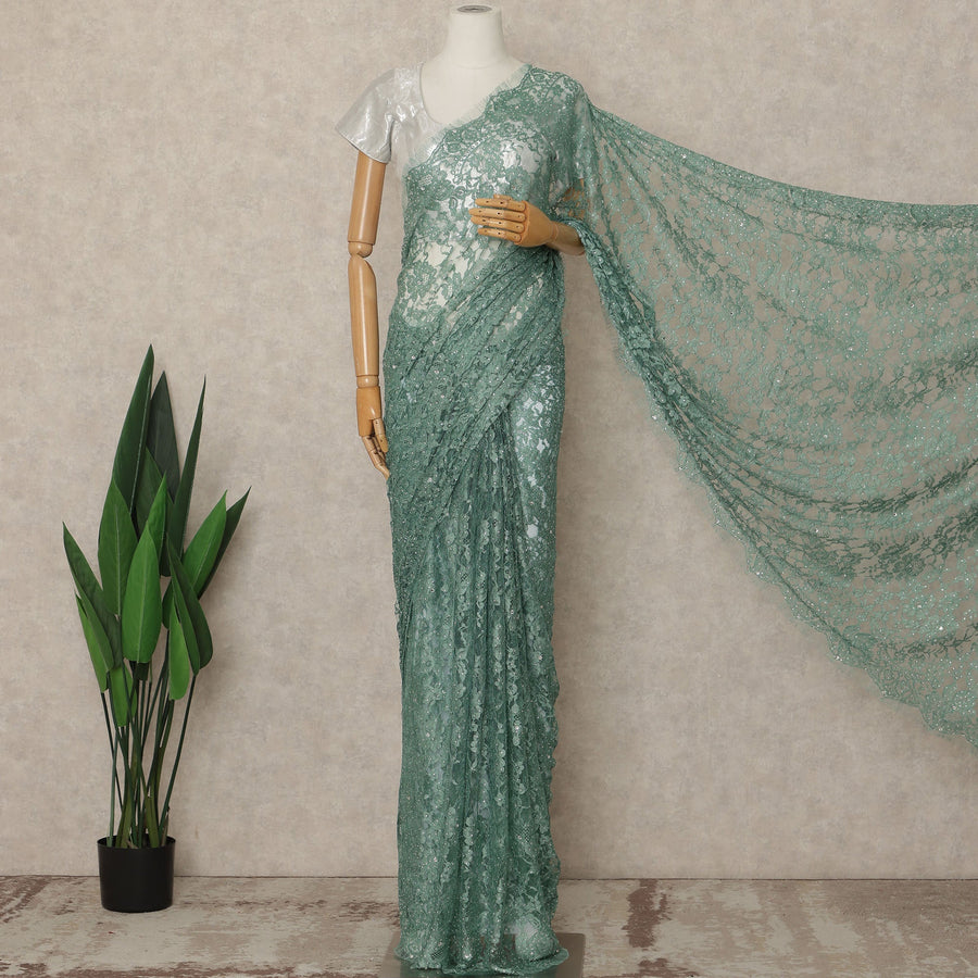 Sea Green Premium French 2 Tone Chantilly Saree Lace With Stone Work Fabric 5.5 Meters Length 110 Cms Width Imported From France Elegant Designer Lace Blouse Not Included-D27368