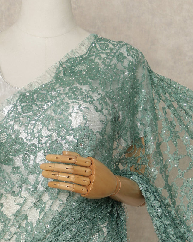 Sea Green Premium French 2 Tone Chantilly Saree Lace With Stone Work Fabric 5.5 Meters Length 110 Cms Width Imported From France Elegant Designer Lace Blouse Not Included-D27368