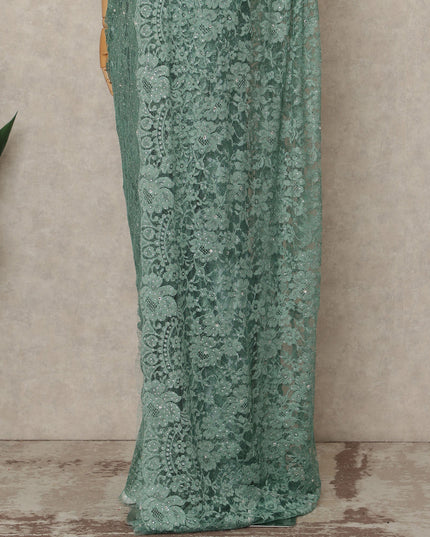 Sea Green Premium French 2 Tone Chantilly Saree Lace With Stone Work Fabric 5.5 Meters Length 110 Cms Width Imported From France Elegant Designer Lace Blouse Not Included-D27368