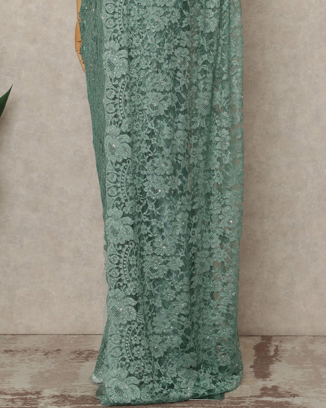 Sea Green Premium French 2 Tone Chantilly Saree Lace With Stone Work Fabric 5.5 Meters Length 110 Cms Width Imported From France Elegant Designer Lace Blouse Not Included-D27368