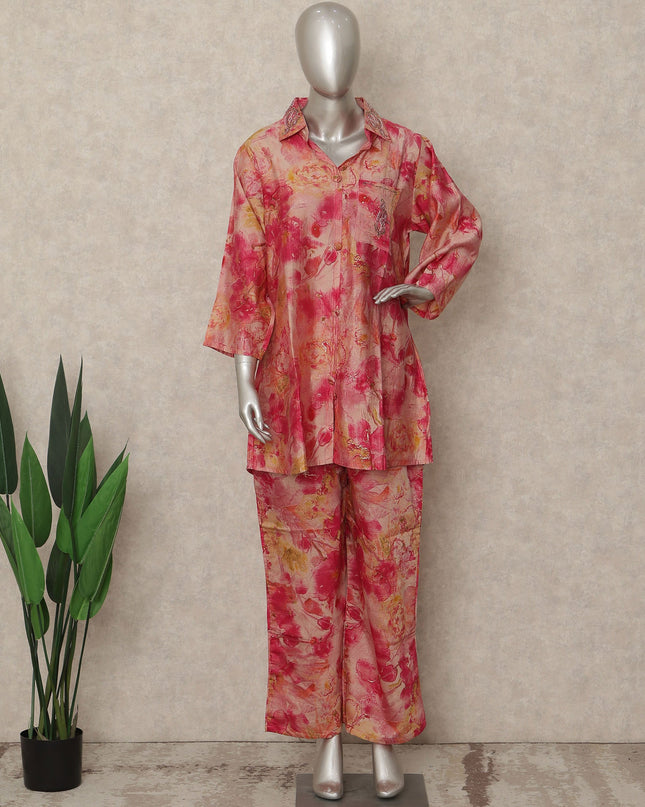 Coral Pink Floral Tie Dye Co Ord Set Party Wear