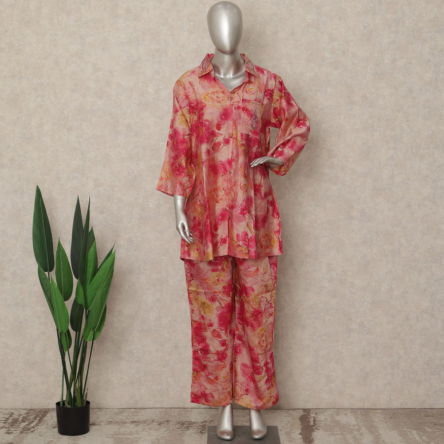 Coral Pink Floral Tie Dye Co Ord Set Party Wear