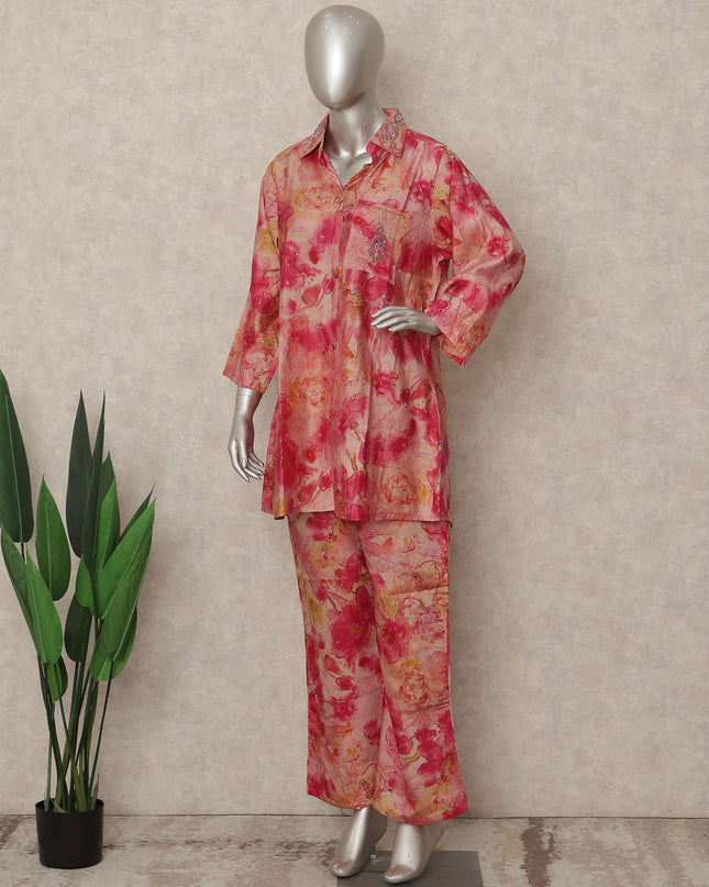 Coral Pink Floral Tie Dye Co Ord Set Party Wear