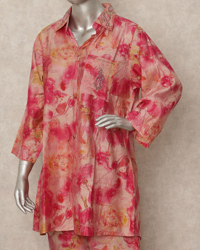 Coral Pink Floral Tie Dye Co Ord Set Party Wear