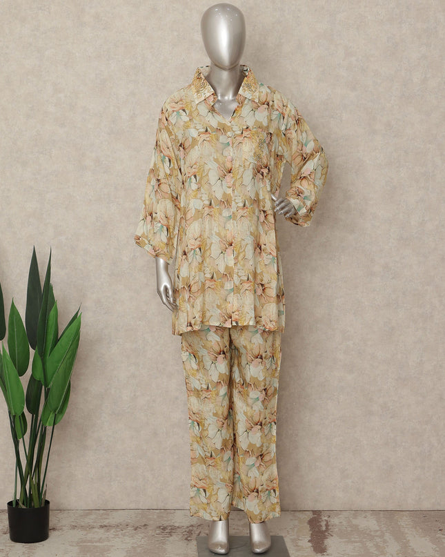 Beige Floral Co Ord Set Party Wear Women