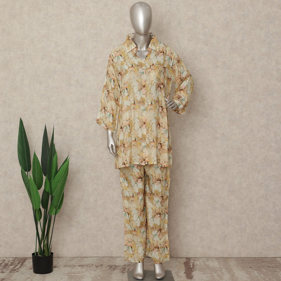 Beige Floral Co Ord Set Party Wear Women