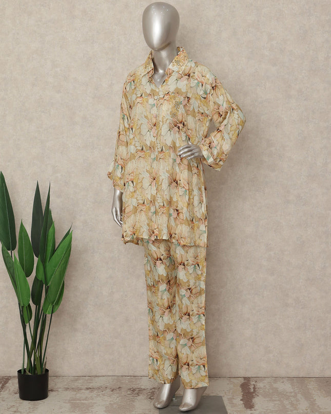 Beige Floral Co Ord Set Party Wear Women