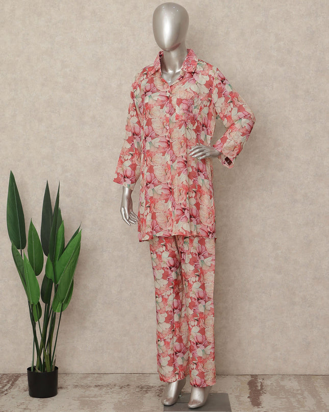 Pink Floral Co Ord Set Party Wear Women
