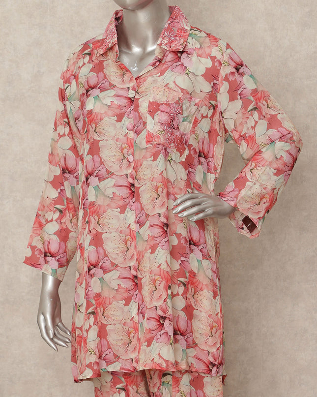 Pink Floral Co Ord Set Party Wear Women