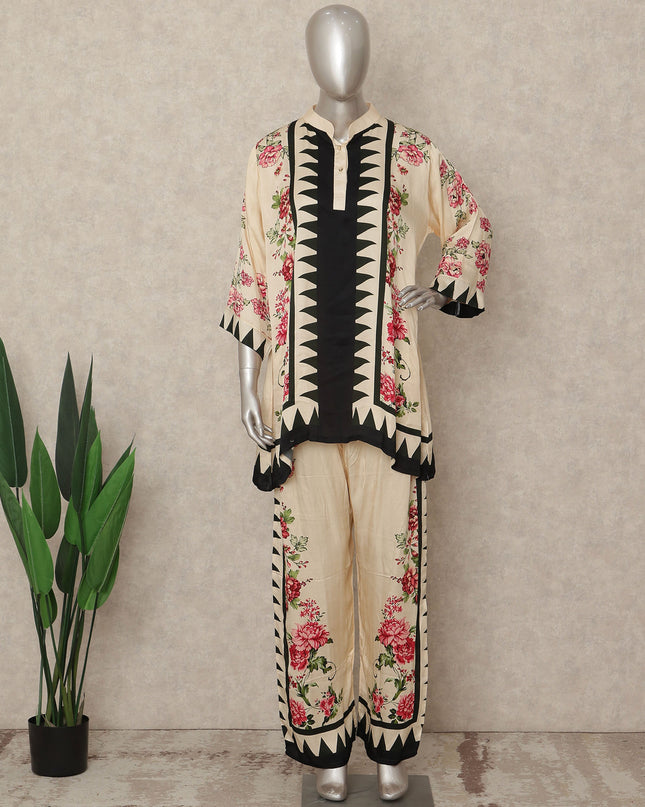 Cream Beige Floral Border Co Ord Set Women