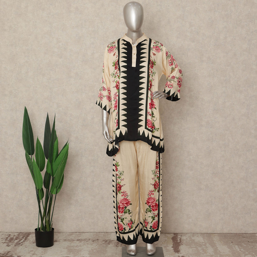 Cream Beige Floral Border Co Ord Set Women