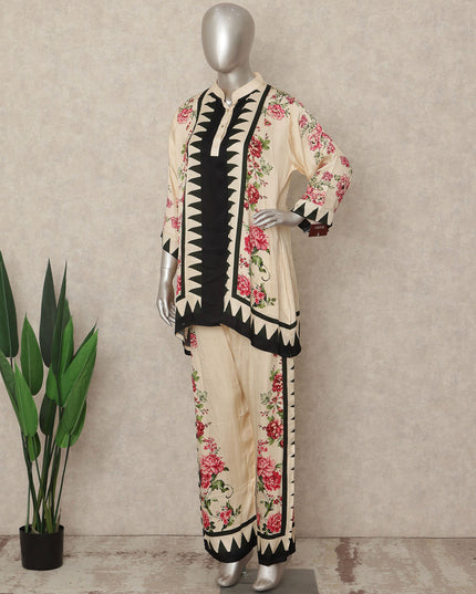 Cream Beige Floral Border Co Ord Set Women