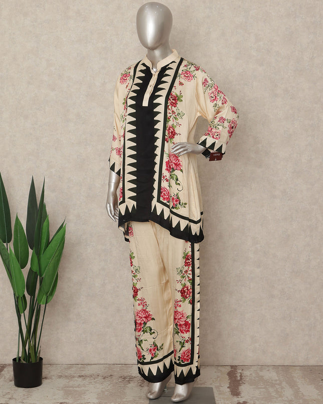 Cream Beige Floral Border Co Ord Set Women
