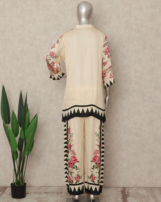 Cream Beige Floral Border Co Ord Set Women