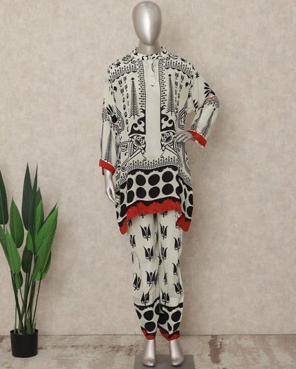 White Black Red Abstract Co Ord Set Party Wear
