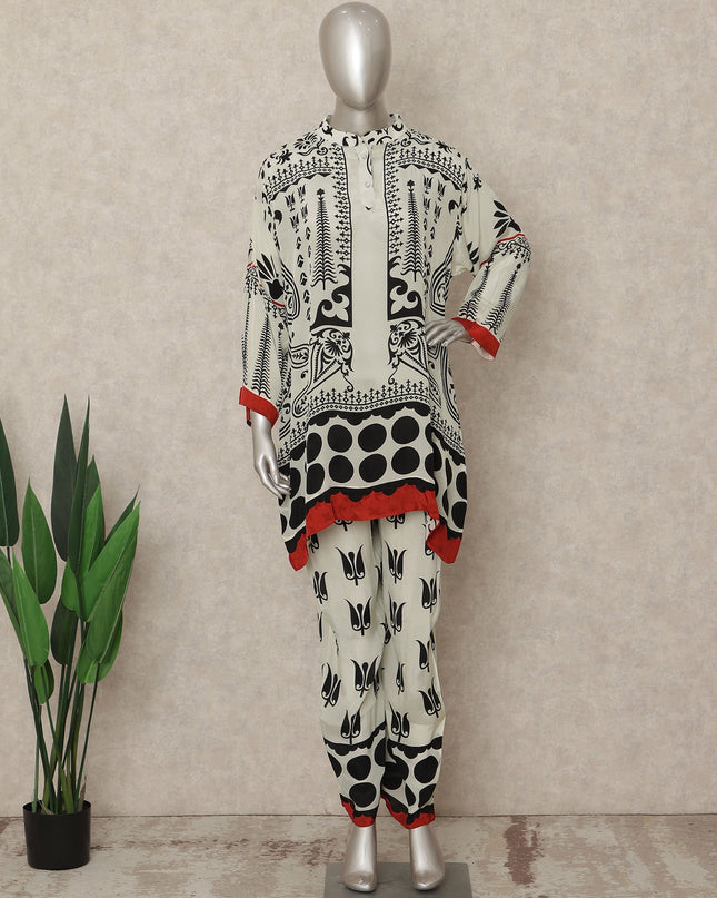 White Black Red Abstract Co Ord Set Party Wear