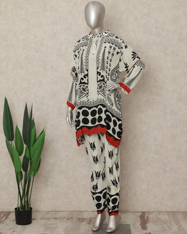 White Black Red Abstract Co Ord Set Party Wear