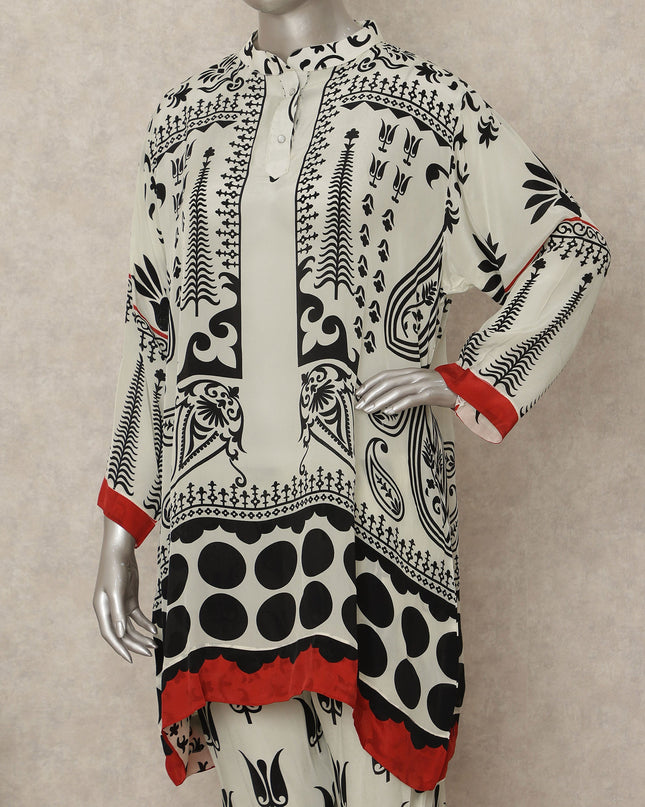 White Black Red Abstract Co Ord Set Party Wear