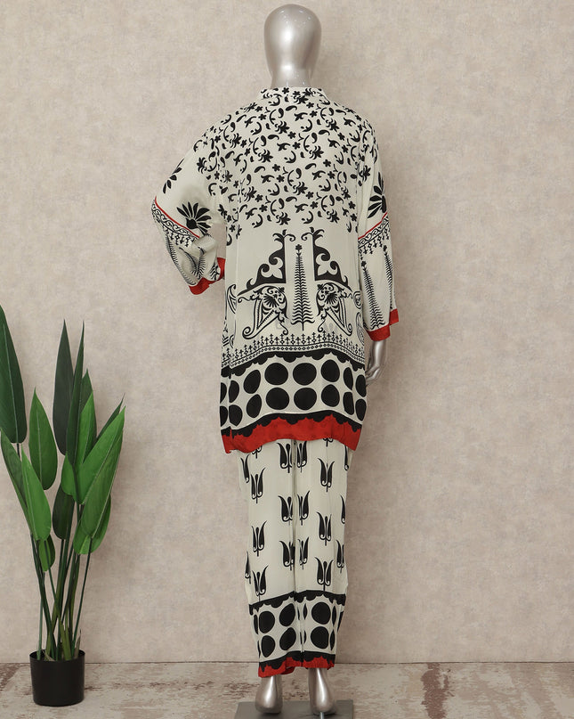 White Black Red Abstract Co Ord Set Party Wear