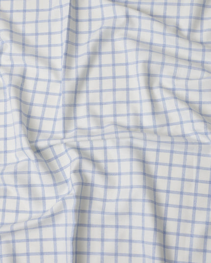 White and Sky Blue Windowpane Check Cotton Shirting Fabric, 150 Cms Width, Made in India-D26157