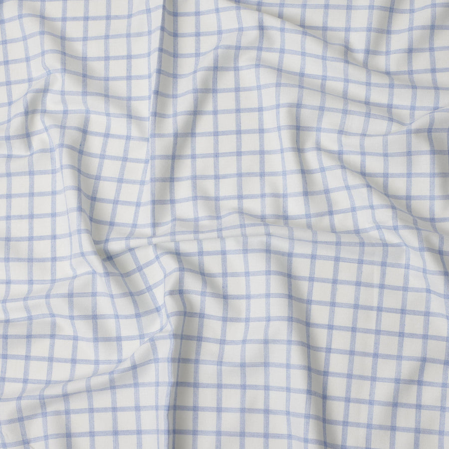 White and Sky Blue Windowpane Check Cotton Shirting Fabric, 150 Cms Width, Made in India-D26157