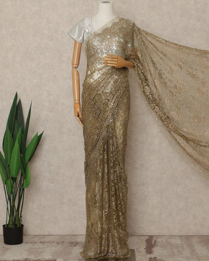 Olive Gold Premium French 2 Tone Chantilly Saree Lace With Stone Work Fabric 5.5 Meters Length 110 Cms Width Imported From France Elegant Designer Lace Blouse Not Included-D27375