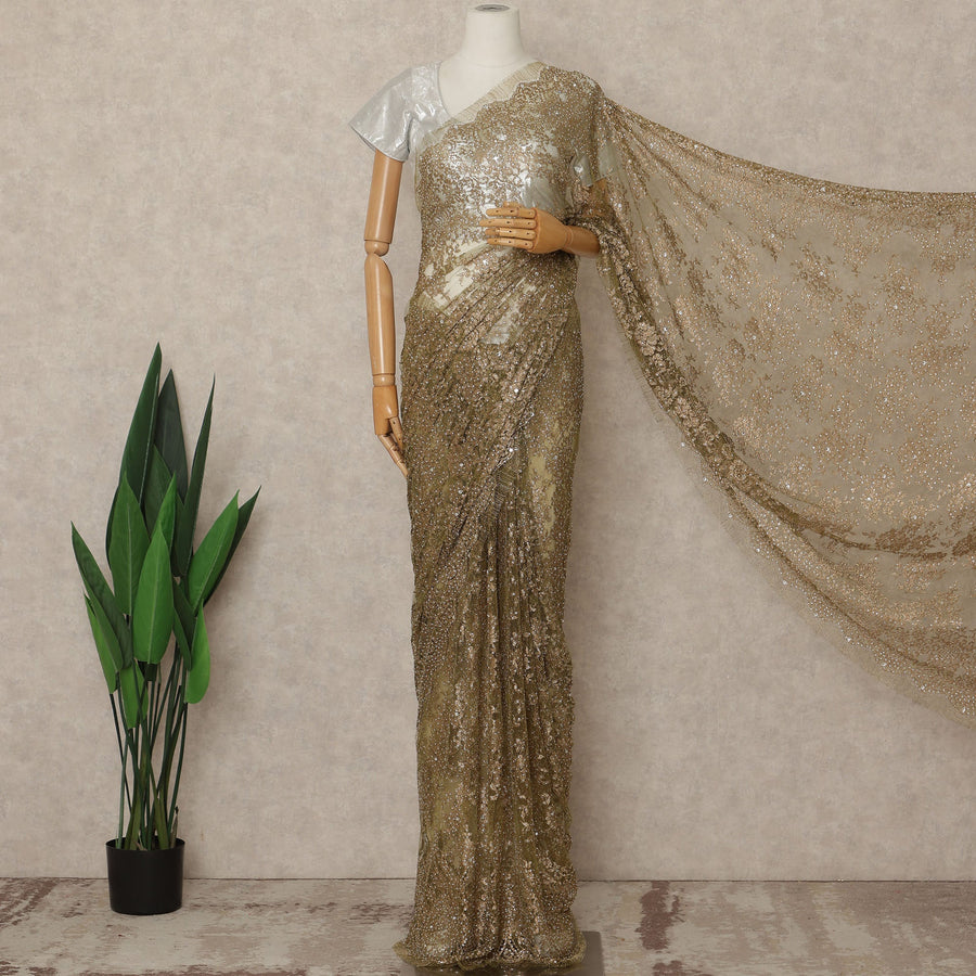Olive Gold Premium French 2 Tone Chantilly Saree Lace With Stone Work Fabric 5.5 Meters Length 110 Cms Width Imported From France Elegant Designer Lace Blouse Not Included-D27375