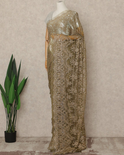 Olive Gold Premium French 2 Tone Chantilly Saree Lace With Stone Work Fabric 5.5 Meters Length 110 Cms Width Imported From France Elegant Designer Lace Blouse Not Included-D27375