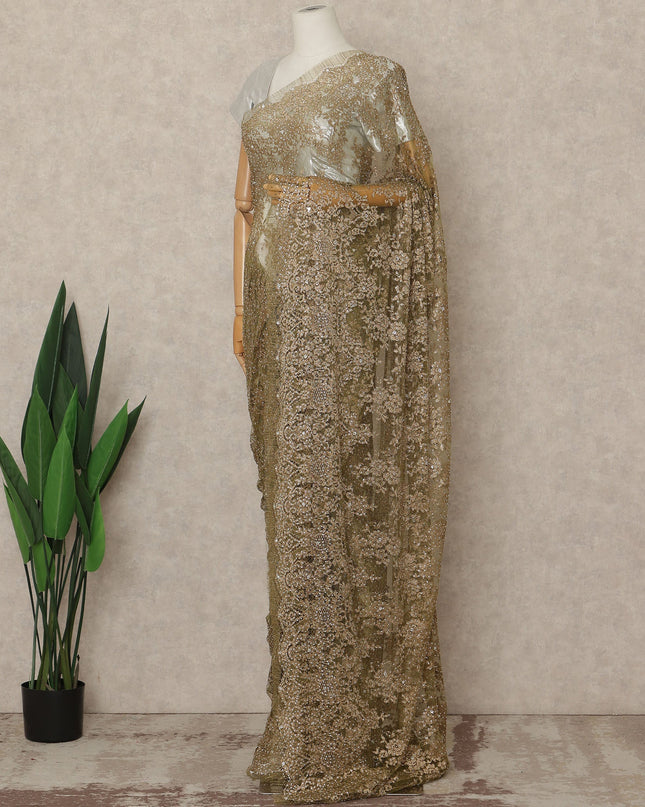 Olive Gold Premium French 2 Tone Chantilly Saree Lace With Stone Work Fabric 5.5 Meters Length 110 Cms Width Imported From France Elegant Designer Lace Blouse Not Included-D27375