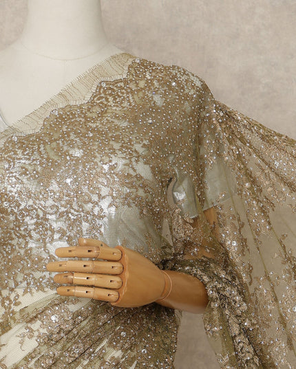 Olive Gold Premium French 2 Tone Chantilly Saree Lace With Stone Work Fabric 5.5 Meters Length 110 Cms Width Imported From France Elegant Designer Lace Blouse Not Included-D27375