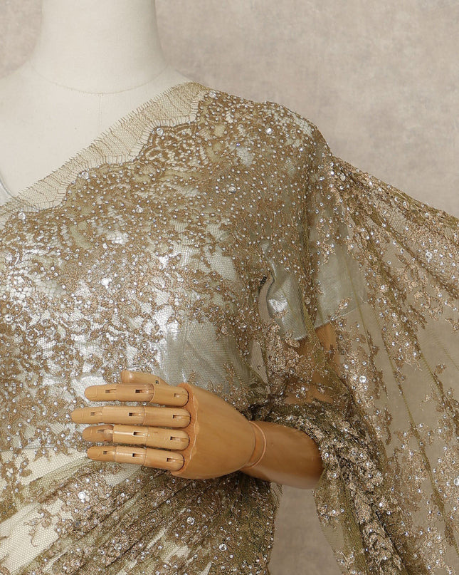 Olive Gold Premium French 2 Tone Chantilly Saree Lace With Stone Work Fabric 5.5 Meters Length 110 Cms Width Imported From France Elegant Designer Lace Blouse Not Included-D27375
