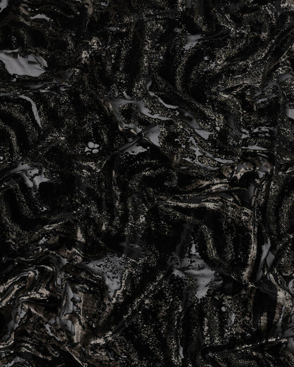 Black and Metallic Abstract Printed Synthetic Burnout Chiffon Velvet Fabric 140 Cms Width China-D28181