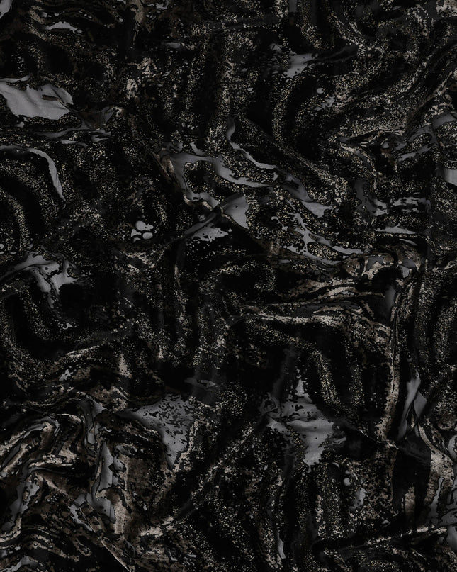 Black and Metallic Abstract Printed Synthetic Burnout Chiffon Velvet Fabric 140 Cms Width China-D28181