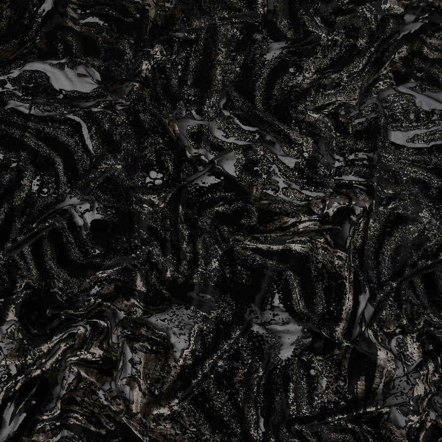 Black and Metallic Abstract Printed Synthetic Burnout Chiffon Velvet Fabric 140 Cms Width China-D28181