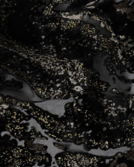 Black and Gold Abstract Burnout Design Silk Blended Velvet Chiffon Fabric, 140 cm Width, Made in China-D26640