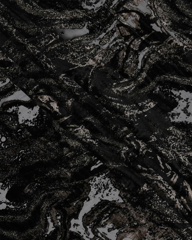 Black and Metallic Abstract Printed Synthetic Burnout Chiffon Velvet Fabric 140 Cms Width China-D28181
