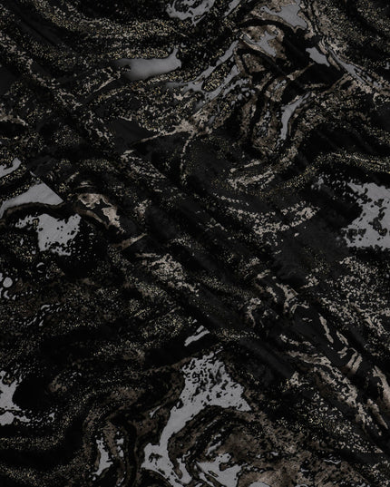Black and Gold Abstract Burnout Design Silk Blended Velvet Chiffon Fabric, 140 cm Width, Made in China-D26640