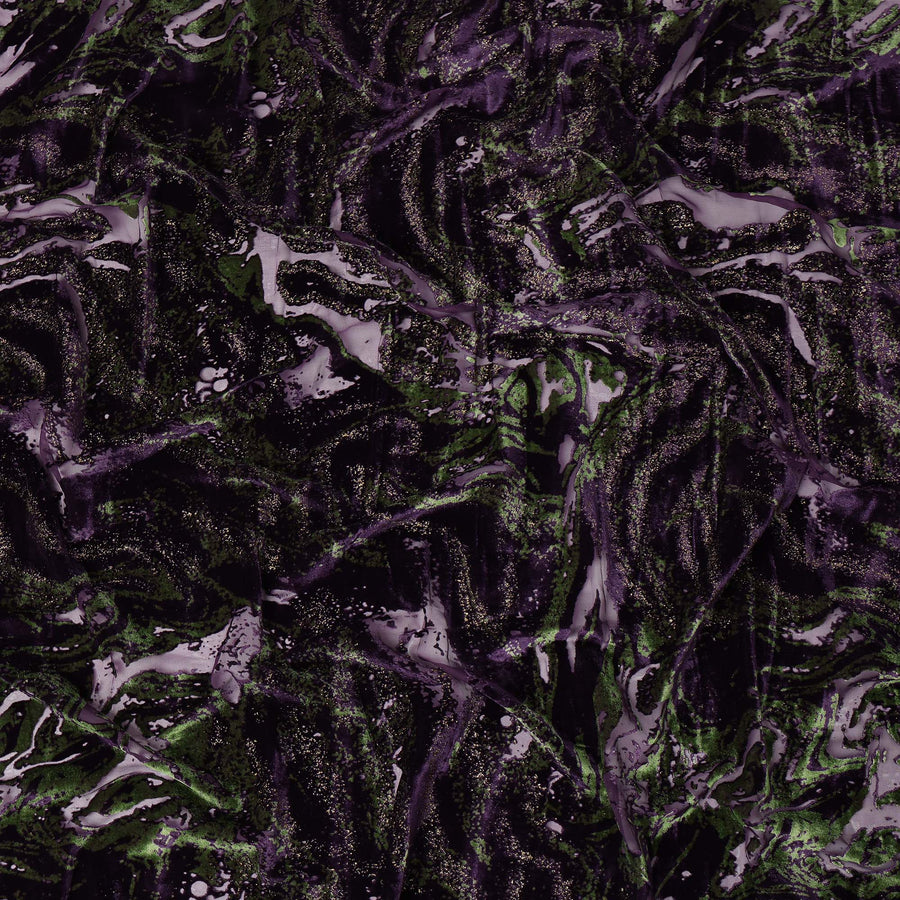 Purple and Green Abstract Patterned Synthetic Blended Velvet Fabric, 140 Cms Width, Made in China-D26337