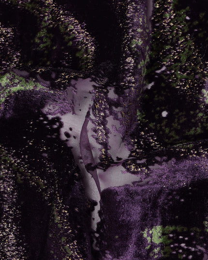 Purple and Green Abstract Patterned Synthetic Blended Velvet Fabric, 140 Cms Width, Made in China-D26337