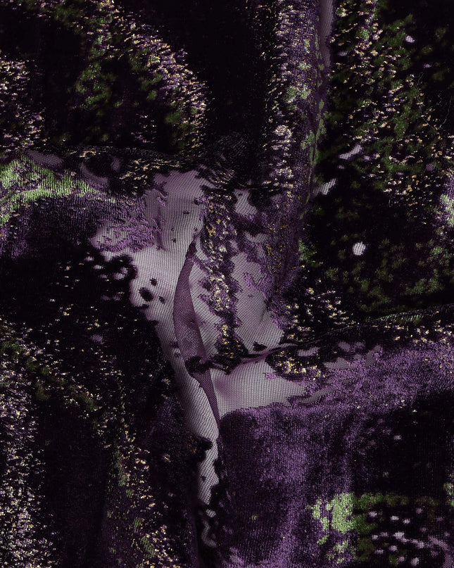 Purple and Green Abstract Patterned Synthetic Blended Velvet Fabric, 140 Cms Width, Made in China-D26337