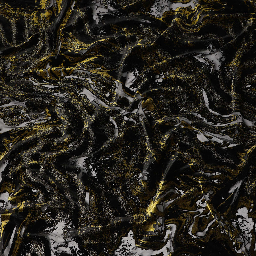 Black and Gold Metallic Abstract Printed Synthetic Burnout Chiffon Velvet Fabric 140 Cms Width China-D28183