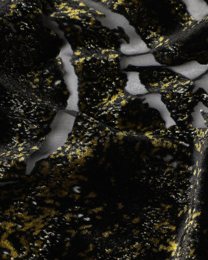 Black and Gold Metallic Abstract Printed Synthetic Burnout Chiffon Velvet Fabric 140 Cms Width China-D28183