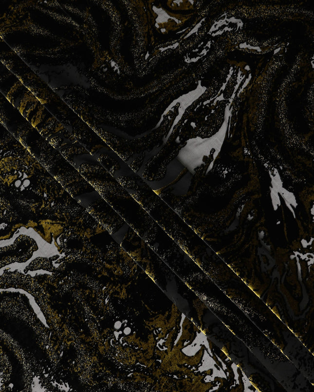 Black and Gold Metallic Abstract Printed Synthetic Burnout Chiffon Velvet Fabric 140 Cms Width China-D28183