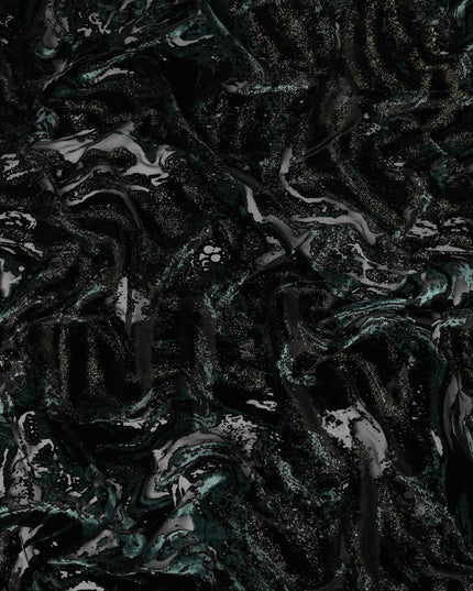 Black and Teal Metallic Abstract Printed Synthetic Burnout Chiffon Velvet Fabric 140 Cms Width China-D28182
