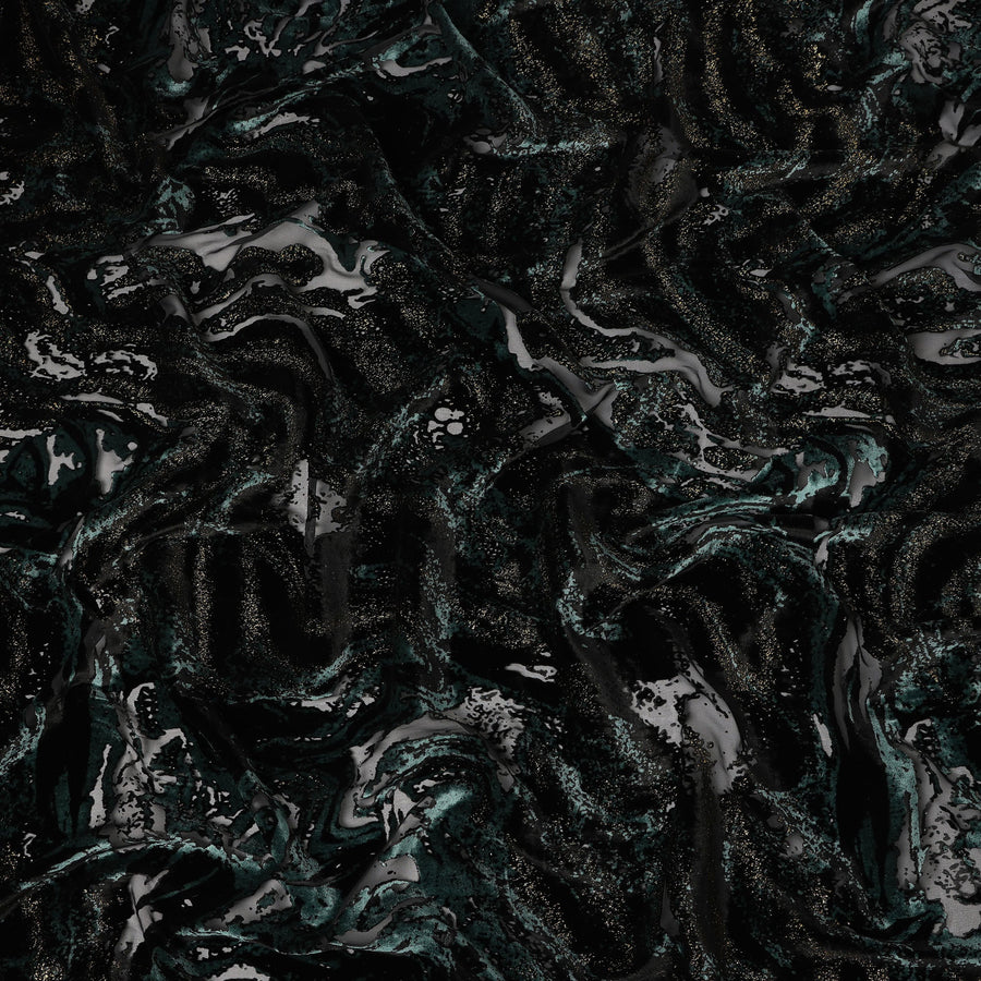 Black and Teal Metallic Abstract Printed Synthetic Burnout Chiffon Velvet Fabric 140 Cms Width China-D28182