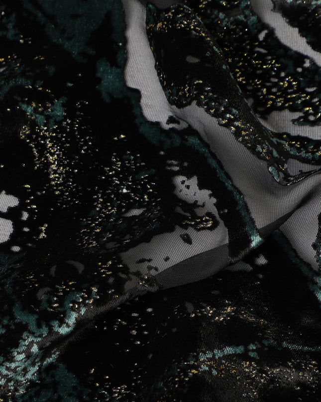 Black and Teal Metallic Abstract Printed Synthetic Burnout Chiffon Velvet Fabric 140 Cms Width China-D28182
