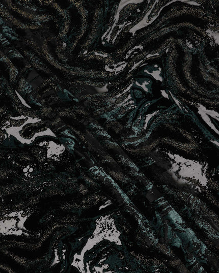 Black and Teal Metallic Abstract Printed Synthetic Burnout Chiffon Velvet Fabric 140 Cms Width China-D28182
