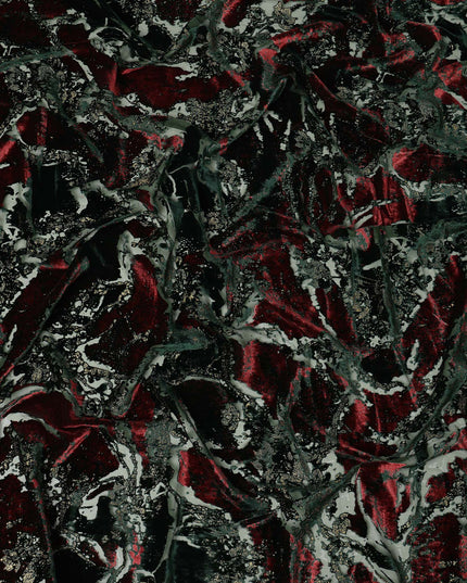Black and Deep Red Metallic Abstract Printed Synthetic Burnout Chiffon Velvet Fabric 140 Cms Width China-D28187