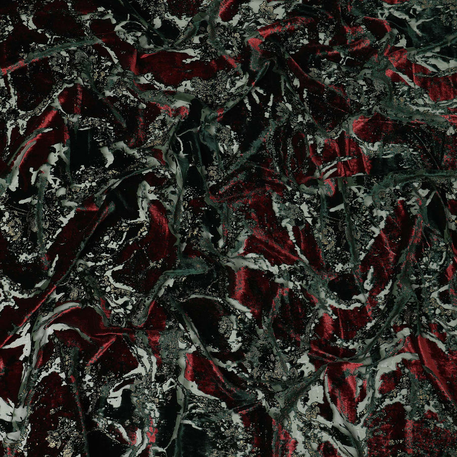 Black and Deep Red Metallic Abstract Printed Synthetic Burnout Chiffon Velvet Fabric 140 Cms Width China-D28187
