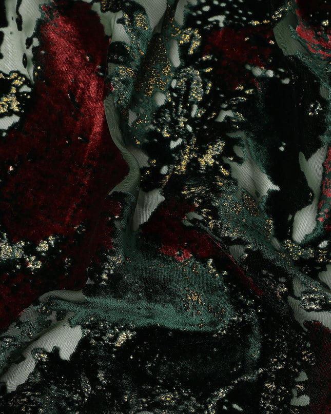 Black and Deep Red Metallic Abstract Printed Synthetic Burnout Chiffon Velvet Fabric 140 Cms Width China-D28187
